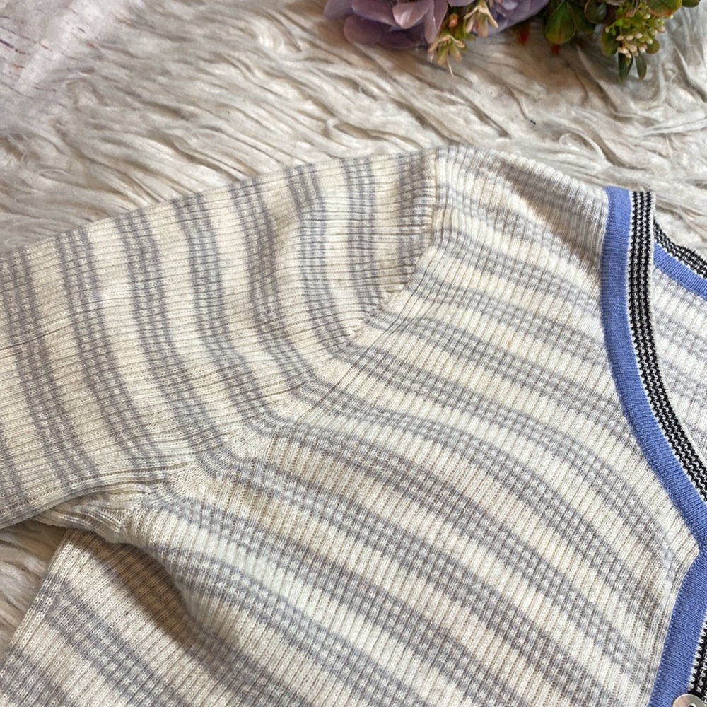 Margaret O'Leary Cream & Blue Striped Button Cardigan - Picture 3 of 9